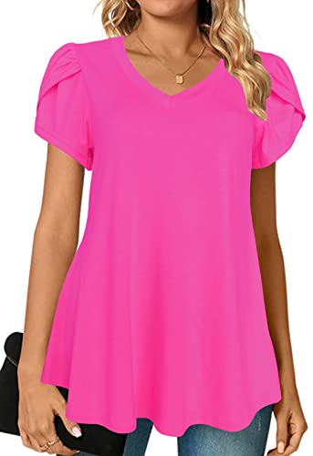 Afibi Womens Summer V Neck Loose Dressy Shirts Petal Short Sleeve Tunic Tops (XXX-Large, Coral)