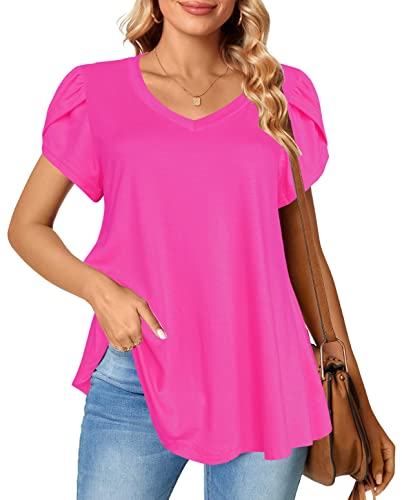 Afibi Womens Summer V Neck Loose Dressy Shirts Petal Short Sleeve Tunic Tops (XXX-Large, Coral)