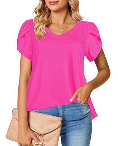 Afibi Womens Summer V Neck Loose Dressy Shirts Petal Short Sleeve Tunic Tops (XXX-Large, Coral)