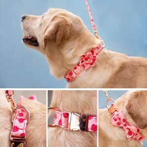 Hilkycton Dog Collar and Leash Set with Flower Bow Tie Girls Dog Collar Dog Tag Metal Buckle Adjustable for Small Medium Large Dogs Pink Roses-S