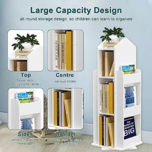 foriy Rotating Bookshelf Kids 3 Tier Bookcase House Children's White Tall Bookcase Floor Standing Storage Rack Corner Unit for Home Office Living Room Playroom Bedroom