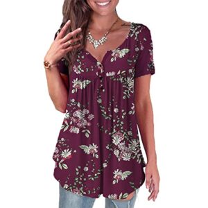 Womens Tunic Tops to Wear with Leggings Casual Relaxed Fitted Short Sleeve Floral Summer Tops for Women T Shirts (XX-Large, WineF)