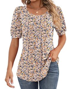 ficerd women's puff short sleeve tunic tops pleated crew neck blouses dressy casual loose spring and summer t-shirts (pink flower, medium)