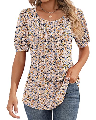 Ficerd Women's Puff Short Sleeve Tunic Tops Pleated Crew Neck Blouses ...