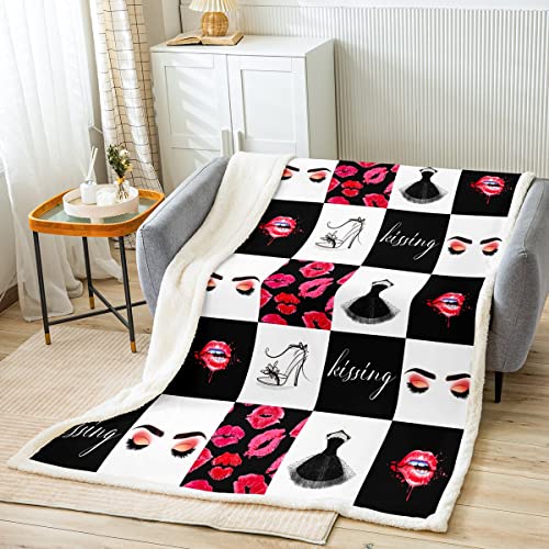 Beauty Girls Throw Blanket Fashion Red Lips and High Heels Bed Blankets Kids Teens Women Living Room Black White Check Fleece Blanket Modern Lady Makeup Sherpa Blanket,for Chair/Sofa,60"×80"