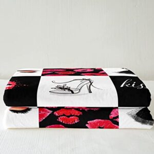 Beauty Girls Throw Blanket Fashion Red Lips and High Heels Bed Blankets Kids Teens Women Living Room Black White Check Fleece Blanket Modern Lady Makeup Sherpa Blanket,for Chair/Sofa,60"×80"