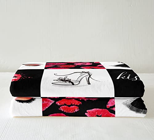 Beauty Girls Throw Blanket Fashion Red Lips and High Heels Bed Blankets Kids Teens Women Living Room Black White Check Fleece Blanket Modern Lady Makeup Sherpa Blanket,for Chair/Sofa,60"×80"