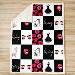 Beauty Girls Throw Blanket Fashion Red Lips and High Heels Bed Blankets Kids Teens Women Living Room Black White Check Fleece Blanket Modern Lady Makeup Sherpa Blanket,for Chair/Sofa,60"×80"