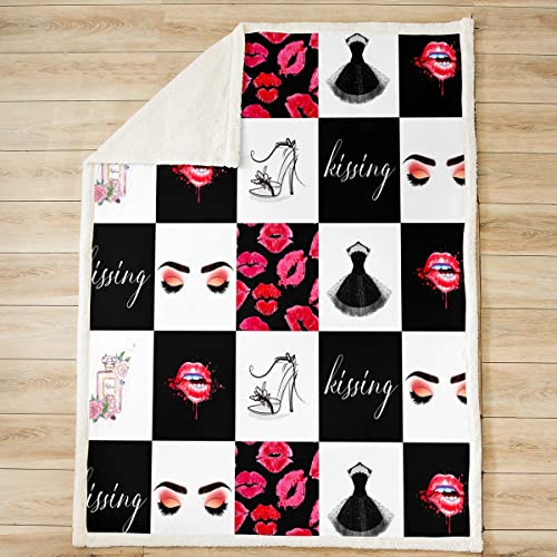 Beauty Girls Throw Blanket Fashion Red Lips and High Heels Bed Blankets Kids Teens Women Living Room Black White Check Fleece Blanket Modern Lady Makeup Sherpa Blanket,for Chair/Sofa,60"×80"