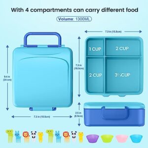 Bento Lunch Box, Lunch Box Kids - 1300ML Insulated Lunch Box with 4 Compartments Bento Box Adult Lunch Box, Leak Proof Lunch Box Containers with Utensils& Food Picks& Cake Cups &Dip Container (Blue)