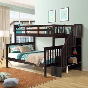 biadnbz stairway twin over full bunk bed with storage staircase and full-length guardrails, solid wood bunkbeds bedframe for kids teens adults bedroom, espresso