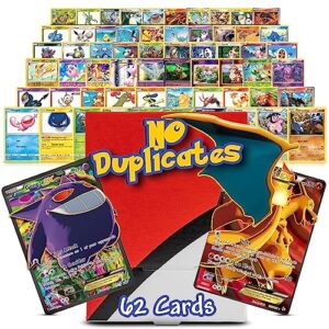 ultra rare pkmn cards starter pack - 10 holo, 2 ultra rare, 50 assorted cards with deck box – no duplicates - limited edition | surprise your friends & boost your collection and battle skills- 62 pack