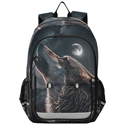 Vnurnrn Wolf Roaring Kids Backpack Big Storage Multiple Pockets 17.7 IN Bookbag with Chest Buckle Reflective Strip for Boys Girls 6+ years in Primary Middle High School