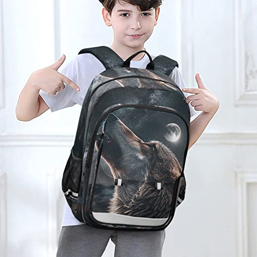 Vnurnrn Wolf Roaring Kids Backpack Big Storage Multiple Pockets 17.7 IN Bookbag with Chest Buckle Reflective Strip for Boys Girls 6+ years in Primary Middle High School