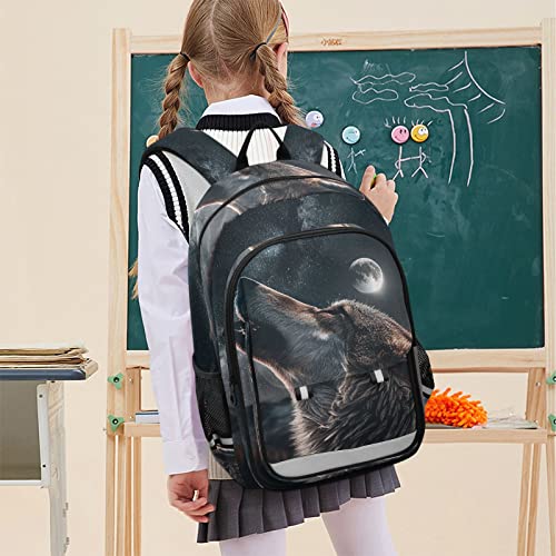 Vnurnrn Wolf Roaring Kids Backpack Big Storage Multiple Pockets 17.7 IN Bookbag with Chest Buckle Reflective Strip for Boys Girls 6+ years in Primary Middle High School