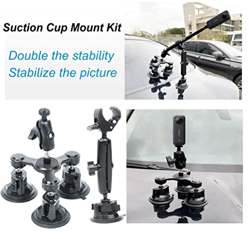 Fotoleey Suction Car Mount for Insta360 x3, x2, One RS Compatible with GoPro Hero 11, Hero 10, Hero 9, Max —Camera Triple Suction Mount Kit for Action Cameras (Stick is Not Included)