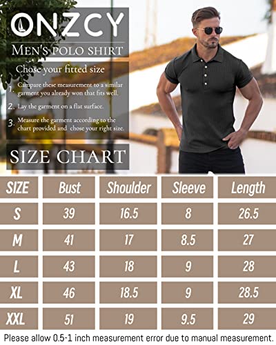 Muscle Polo Shirts for Men Short Sleeve Slim Fit Golf Shirts for Men Casual Dry Fit T Shirts Ribbed Knit Bowling Shirts Black Large