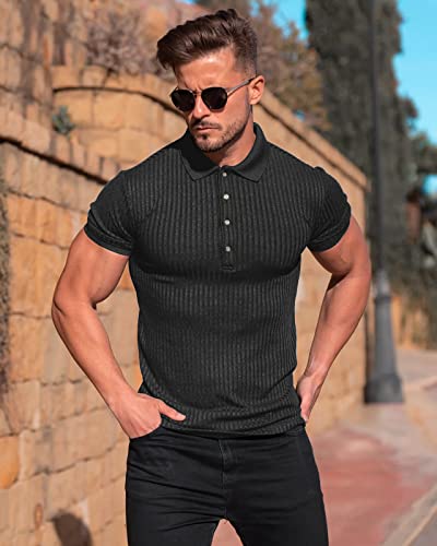 Muscle Polo Shirts for Men Short Sleeve Slim Fit Golf Shirts for Men Casual Dry Fit T Shirts Ribbed Knit Bowling Shirts Black Large