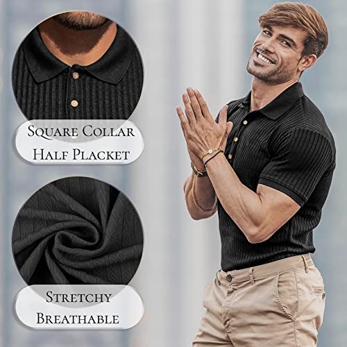 Muscle Polo Shirts for Men Short Sleeve Slim Fit Golf Shirts for Men Casual Dry Fit T Shirts Ribbed Knit Bowling Shirts Black Large