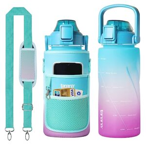 tanana 64oz half gallon water bottle with sleeve, no chemical smell, no leaking, tritan/bpa free 1/2 gallon water jug with time marker/straw/handle for women/men to use in the gym