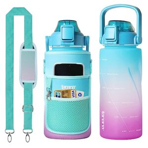 TANANA 64oz Half Gallon Water Bottle With Sleeve, No Chemical Smell, No Leaking, Tritan/BPA Free 1/2 gallon water jug with Time Marker/Straw/Handle for Women/Men to Use in the Gym