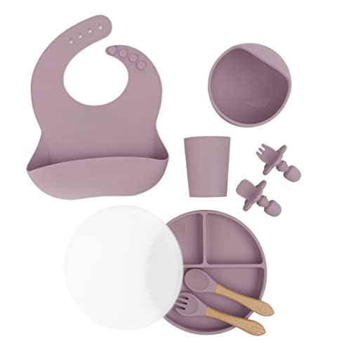 Yunioo Silicone Baby Feeding Set | 9 Piece Baby Led Weaning Set | Microwave, Oven & Dishwasher Safe Silicone | Suction Bowl & Plate | Bib, Training Cup, Plate Lid, & Toddler Utensils | Dusty Mauve