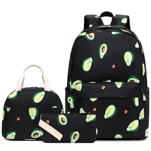 fuyicat avocado school backpack set for girls, 3-in-1 kids teens elementary middle school bags bookbag with lunch bag pencil case