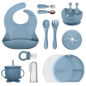 silicone baby feeding set 14 pcs -baby lid weaning supplies include divided plate with lid, cup, adjustable bib, toddler spoons and forks, perfect for self-feeding with fruit feeder (blue)