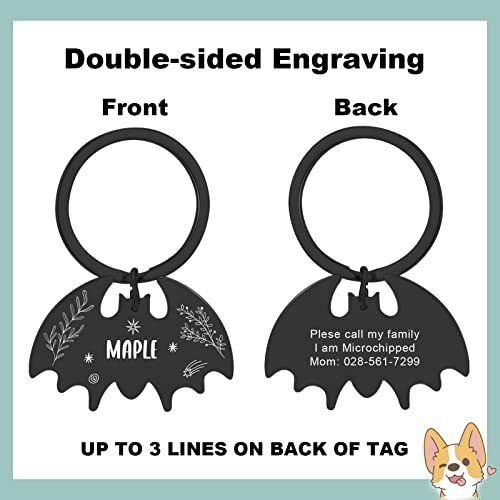 Navcooter Personalized Dog Tags, Halloween Customized Cat Tags, Custom Engraved on Both-Side Stainless Steel Pet ID Tag, Personalized Fun Shapes for Outdoor Collar Accessories(Bat-Design Black)