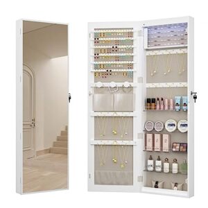 hzuaneri 8 leds mirror jewelry cabinet, 47.2-inch jewelry armoire organizer, wall/door mount lockable storage cabinet with 6 earrings shelves, 2 makeup pockets, white and beige jc12003be