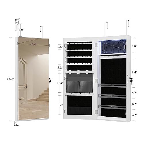 Hzuaneri 8 LEDs Mirror Jewelry Cabinet, 35.4-inch Jewelry Armoire Organizer, Wall/Door Mount Lockable Storage Cabinet with 4 Earrings Shelves, 2 Makeup Pockets, White and Black JC9003B