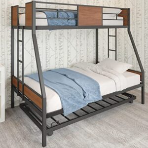 zevemomo twin over full bunk beds with trundle, thickened metal bed frame with safety rail 2 side ladders triple bunk bed for boys girls adults loft, no box spring needed, black