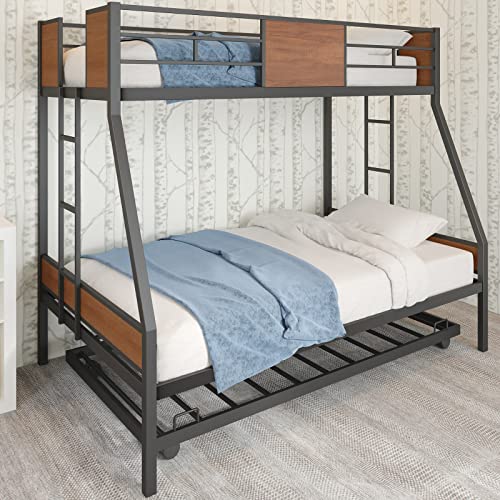 Zevemomo Twin Over Full Bunk Beds with Trundle, Thickened Metal Bed Frame with Safety Rail 2 Side Ladders Triple Bunk Bed for Boys Girls Adults Loft, No Box Spring Needed, Black