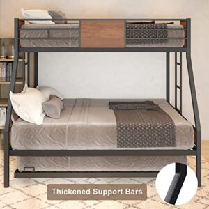 Zevemomo Twin Over Full Bunk Beds with Trundle, Thickened Metal Bed Frame with Safety Rail 2 Side Ladders Triple Bunk Bed for Boys Girls Adults Loft, No Box Spring Needed, Black