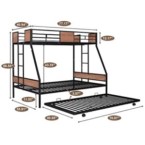 Zevemomo Twin Over Full Bunk Beds with Trundle, Thickened Metal Bed Frame with Safety Rail 2 Side Ladders Triple Bunk Bed for Boys Girls Adults Loft, No Box Spring Needed, Black