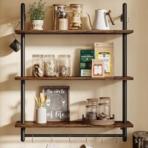 bestier 3 tier industrial pipe shelving, floating book shelves for wall, storage hanging shelves with towel bar for bathroom organizer bedroom kitchen plants office. 31.5 inch rustic brown
