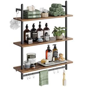 Bestier 3 Tier Industrial Pipe Shelving, Floating Book Shelves for Wall, Storage Hanging Shelves with Towel Bar for Bathroom Organizer Bedroom Kitchen Plants Office. 31.5 Inch Rustic Brown