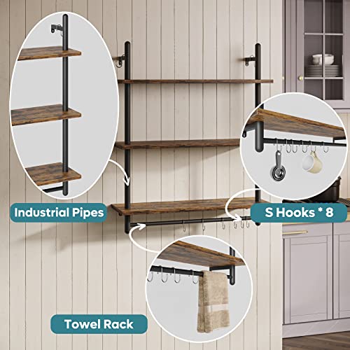 Bestier 3 Tier Industrial Pipe Shelving, Floating Book Shelves for Wall, Storage Hanging Shelves with Towel Bar for Bathroom Organizer Bedroom Kitchen Plants Office. 31.5 Inch Rustic Brown