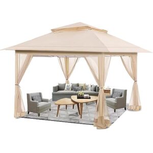 jking 13'x13' pop up gazebo with mosquito netting,outdoor gazebo canopy tent for backyard patio deck porch garden parties and events with roller bag,4 sand bags,8 stakes & 4 ropes,beige