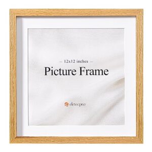 eletecpro 12x12 picture frame made of oak wood and reinforced glass, displays photos 10x10 with mat or 12x12 without mat, square wood frame for modern home decor, wall mounting, natural