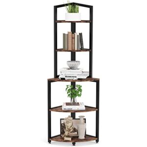 little tree corner shelf 60 inch small bookcase bookshelf with 5 open shelves, rustic brown