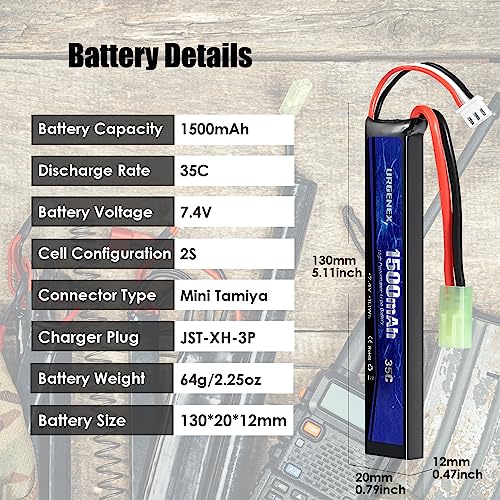 URGENEX Airsoft Battery 7.4V 1500mAh 35C High Discharge Rate Lipo Battery Pack with Mini Tamiya Plug Rechargeable 2S Lipo Battery for Airsoft Model Guns