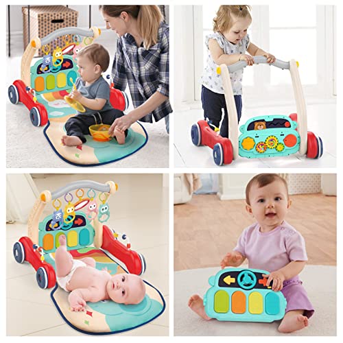 2 in 1 Baby Walker & Gym Play Mat,Sit-to-Stand Learning Walker, Baby Activity Mat with Play Piano, Early Educational Child Activity Center Tummy Time Mat for Infant Newborn Toddlers Boys Girls