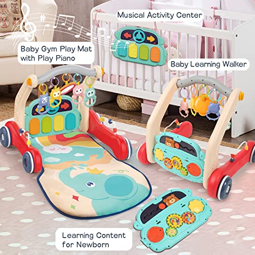 2 in 1 Baby Walker & Gym Play Mat,Sit-to-Stand Learning Walker, Baby Activity Mat with Play Piano, Early Educational Child Activity Center Tummy Time Mat for Infant Newborn Toddlers Boys Girls