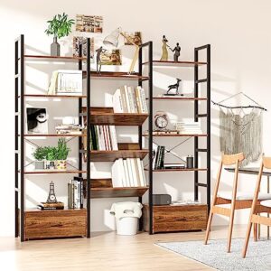 HSSZXFR Triple Wide Bookshelf 5-Tier with 2 Drawers, Industrial Bookshelves Sturdy Wood and Metal, Bookcase Spacious for Display and Storage, Large Display Rack for Home Office