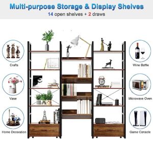 HSSZXFR Triple Wide Bookshelf 5-Tier with 2 Drawers, Industrial Bookshelves Sturdy Wood and Metal, Bookcase Spacious for Display and Storage, Large Display Rack for Home Office