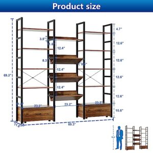 HSSZXFR Triple Wide Bookshelf 5-Tier with 2 Drawers, Industrial Bookshelves Sturdy Wood and Metal, Bookcase Spacious for Display and Storage, Large Display Rack for Home Office