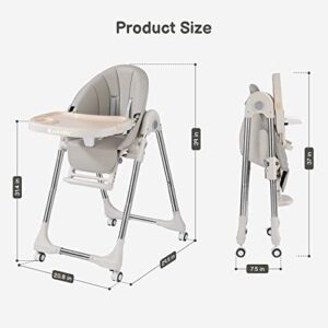 Ezebaby Baby High Chair, Portable High Chair with Adjustable Heigh and Recline, Foldable High Chair for Babies and Toddler with 4 Wheels, High Chair for Toddlers with Removable Tray-(Grey)