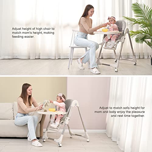 Ezebaby Baby High Chair, Portable High Chair with Adjustable Heigh and Recline, Foldable High Chair for Babies and Toddler with 4 Wheels, High Chair for Toddlers with Removable Tray-(Grey)