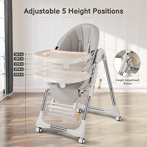 Ezebaby Baby High Chair, Portable High Chair with Adjustable Heigh and Recline, Foldable High Chair for Babies and Toddler with 4 Wheels, High Chair for Toddlers with Removable Tray-(Grey)